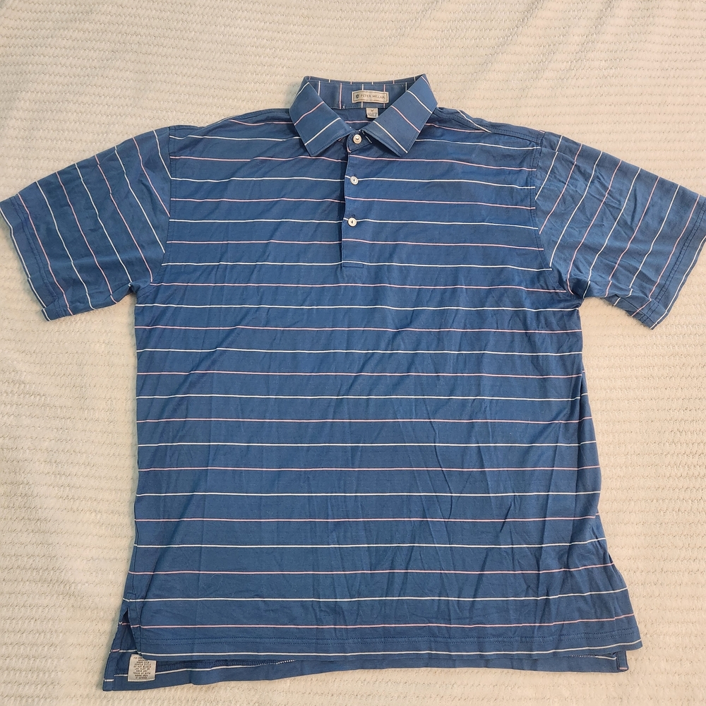 Peter Millar Men’s Polo Shirt Blue Striped Size M Cotton Golf Casual Korea